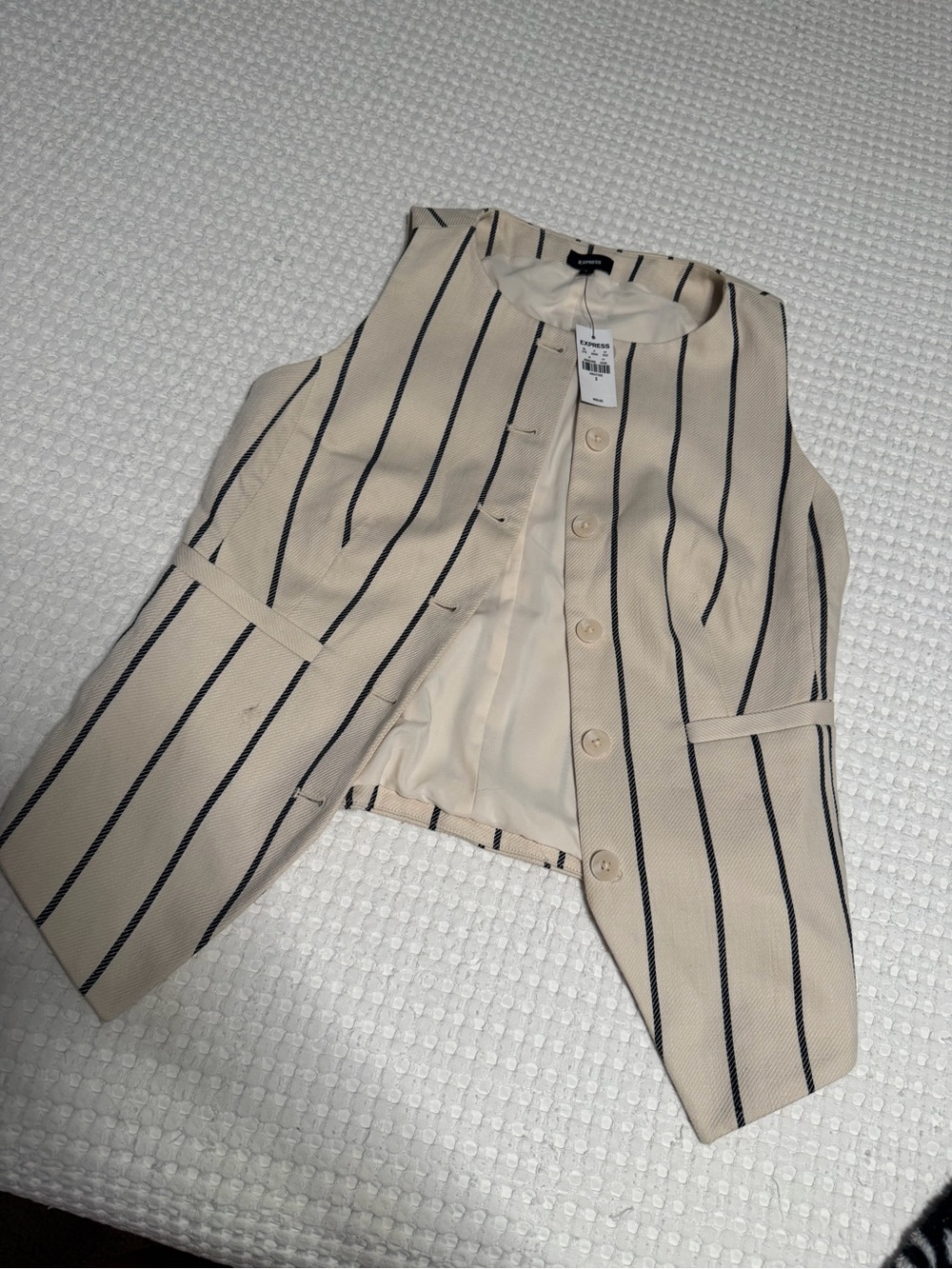 Express Cream Sleeveless Button Front Vest with Black Pinstripes